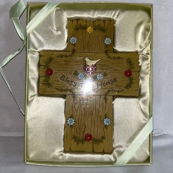 Russ Berrie I Believe Bless This House Decorative Cross 6in Floral Hearts Dove - Picture 8 of 8